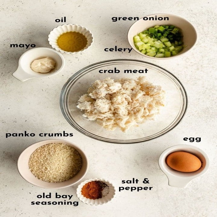 Ingredients for crab cakes on a counter.